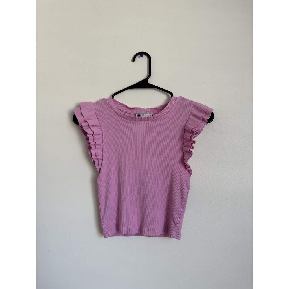 ZARA Pink Ruffle Ribbed Knit Crop Top Size S Small Barbiecore Flutter Sleeve